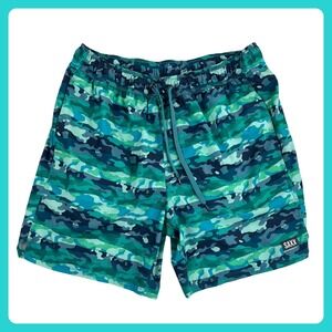 SAXX Oh Buoy Swim Trunks Men's L Blue Green Camo Stretch BallPark Pouch Liner 7"